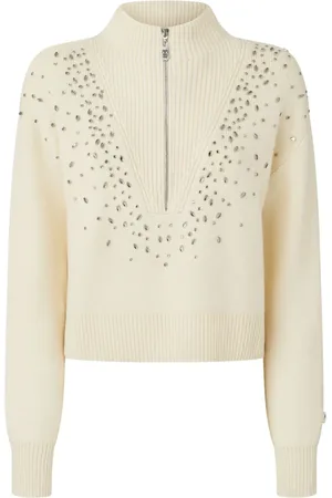 Pinko Strik, Dame, , XS, Uld, Hvid Boxy Sweater med Krystalpynt