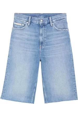 Calvin Klein Shorts, Dame, Blå, W28, Denim, Denim Bermuda Shorts med Flosset Kant