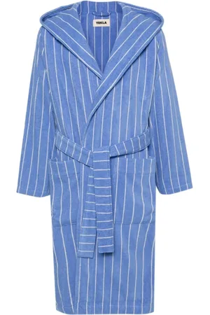 Tekla Nightwear & Lounge, Dame, Blå, L, Bomuld, Stribet bomuldsbadekåbe med hætte