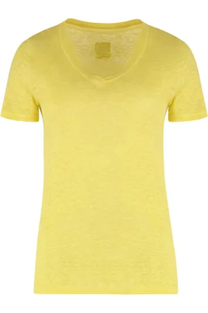 120% Lino Top, Dame, Gul, M, Linned, V-hals Linned T-shirt