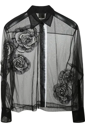 Des Phemmes Bluser & Skjorter, Dame, Sort, XS, Tyl, Tylskjorte med klassisk krave og broderi