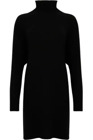 Pinko Kjole, Dame, Sort, S, Uld, Sort Ribstrikket Kjole med Lange Ærmer