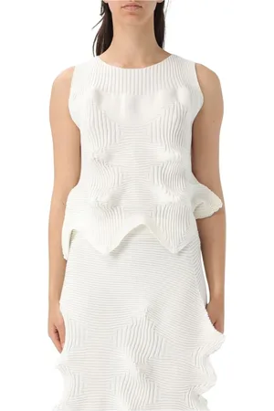 Issey Miyake Top, Dame, Hvid, M, Polyester, Hvid Strik Top Nederdel Sæt