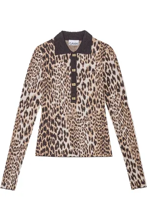 Ganni Top, Dame, Flerfarvet, S, Leopard Jacquard Polo Sweater