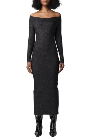 Khaite Kjole, Dame, Grå, S, Grå Metallic Ribbet Strik Midi Kjole