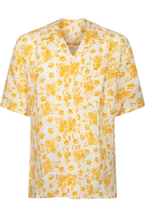 120% Lino Skjorte, Herre, Flerfarvet, M, Linned, Linnedskjorte med gult blomstermotiv