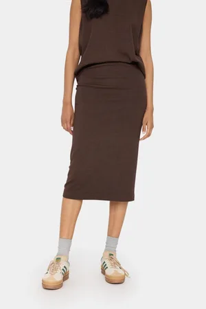 Saint Tropez Nederdel, Dame, Brun, S, Uld, Mørk Eg Melange Ribet Nederdel
