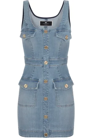 Elisabetta Franchi Kjole, Dame, Blå, L, Denim, Denim Mini Kjole med Knapper