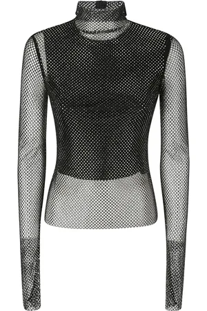 Sportmax Top, Dame, Sort, M, Polyester, Glitter Mesh Top med Høj Krave