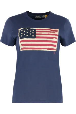 Ralph Lauren Top, Dame, Blå, M, Bomuld, Ribbet Bomuld Crew-Neck T-shirt