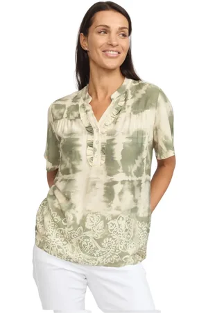 2-Biz Bluser & Skjorter, Dame, Flerfarvet, XL, Khaki Border Bluse med V-hals
