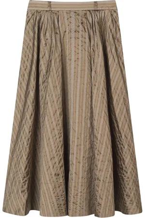 Mark Kenly Domino Tan Nederdel, Dame, Brun, L, Polyester, Stribet silkekjole med plissedetaljer