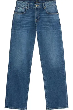 7 for all Mankind Jeans, Dame, Blå, W28, Læder, Blå Straight Jeans Knap-Front Design