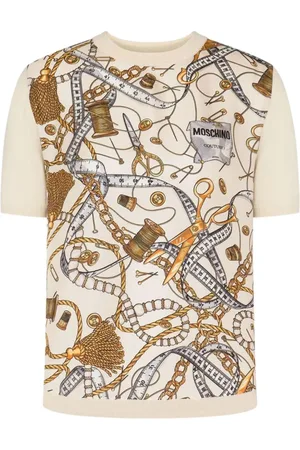 Moschino Top, Dame, Flerfarvet, S, Uld, Ivory Sweater med Sartorial Print