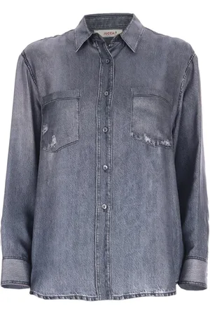Jucca Bluser & Skjorter, Dame, Grå, XS, Denim, Silke Denim Print Skjorte med Lomme