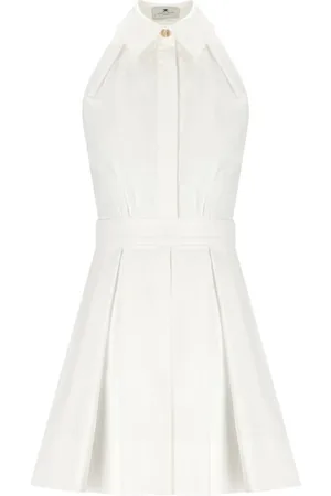 Elisabetta Franchi Kjole, Dame, , XS, Bomuld, Ivory Mini Kjole med Plisseret Nederdel