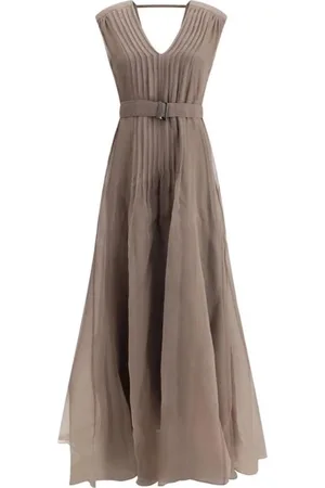 Brunello Cucinelli Kjole, Dame, Brun, M, Elegant silkekjole med plisseret nederdel