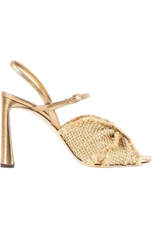 Jimmy Choo Sko, Dame, Gul, 38 1/2 EU, Uld, Guld hælede sandaler med metallisk sløjfe