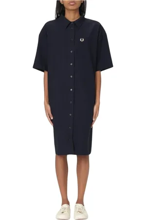 Fred Perry Kjole, Dame, Blå, L, Uld, Stilfuld Broderet Kjole i Blå