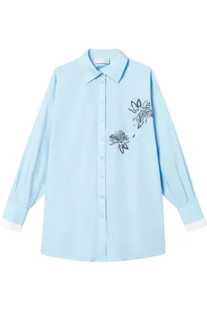 Twin-Set Bluser & Skjorter, Dame, Blå, L, Bomuld, Lyseblå Blomstret Broderet Bomuldsskjorte