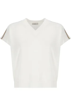 PESERICO SIGN Strik, Dame, Hvid, S, Bomuld, Hvid Linned Bomuld V-Hals Sweater