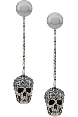 Alexander McQueen Tilbehør, Dame, Grå, ONE SIZE, Skull Pave Øreringe Sølv Logo Messing