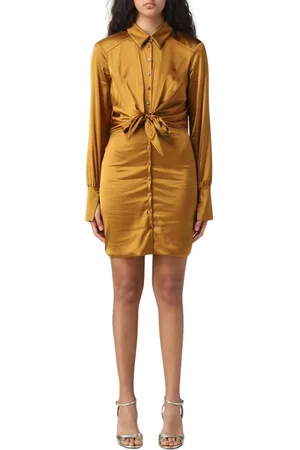 Patrizia Pepe Kjole, Dame, Brun, M, Satin, Elegant Satin Skjortekjole med Slips