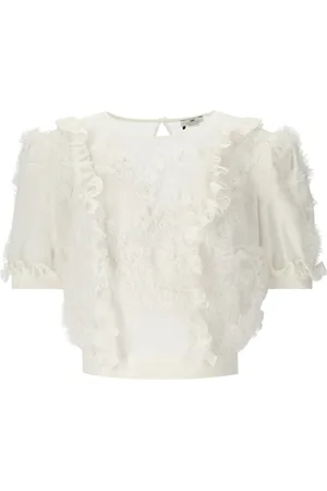 Elisabetta Franchi Bluser & Skjorter, Dame, , L, Polyester, Ivory Ruffled Top med Blomsterperler