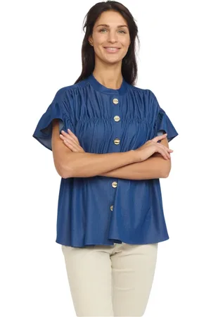 2-Biz Bluser & Skjorter, Dame, Blå, 2XL, Denim, Blå Denim Bluse med Rynkeærmer