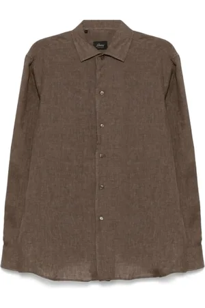 BRIONI Skjorte, Herre, Brun, XL, Linned, Brun Linned Camp Krave Skjorte