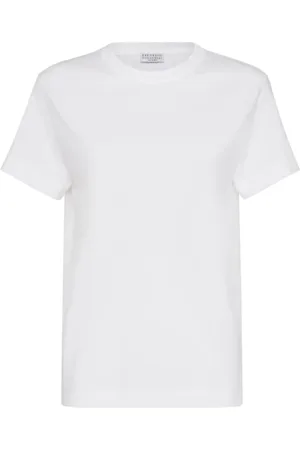 Brunello Cucinelli Top, Dame, Hvid, M, Bomuld, Hvid Bomulds T-shirt med Monili Detalje