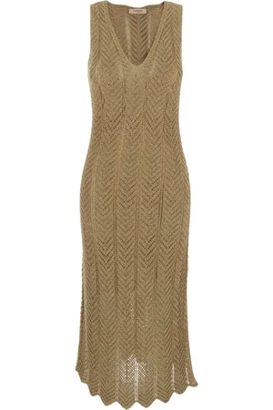 Twin-Set Kjole, Dame, Grøn, M, Grøn V-Neck Plisseret Lang Kjole