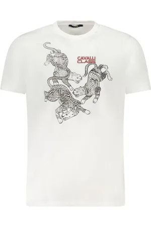 Roberto Cavalli Top, Herre, Hvid, M, Bomuld, Fedt Print Kortærmet Bomuldst-shirt