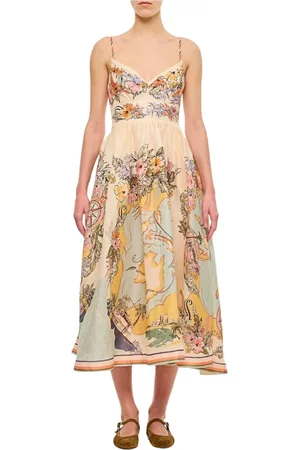 ZIMMERMANN Kjole, Dame, Flerfarvet, S, Linned, Blomsterprint Linned Midi Kjole