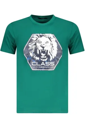 Roberto Cavalli Top, Herre, Grøn, XL, Bomuld, Trykt Crew Neck T-shirt