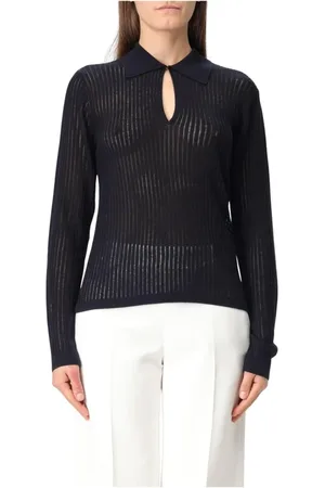 Max Mara Top, Dame, Sort, L, Elegant Beige Ribbed Strik Polo Sweater