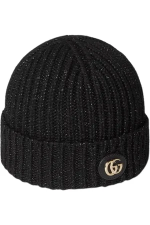 Gucci Tilbehør, Dame, Sort, M, Uld, Ribstrikket Uld Beanie Hat Sort Logo