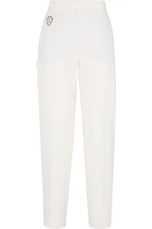 Brunello Cucinelli Bukser, Dame, Hvid, S, Bomuld, Hvide Tailored Bukser med Logo Patch
