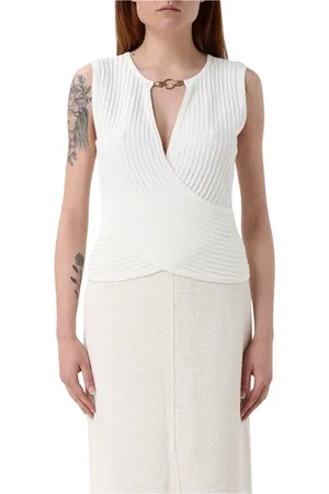 Roberto Cavalli Top, Dame, Hvid, XL, Hvid Striktrøje med Ribdetaljer