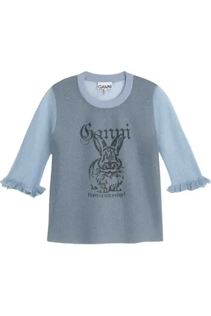 Ganni Strik, Dame, Blå, XS, Polyester, Blød Chambray Kortærmet T-shirt