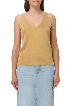 Liu Jo Top, Dame, Gul, S, Sølv Metallic Strik V-Hals Sweater