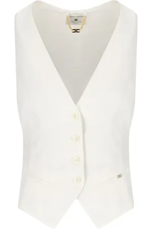 Elisabetta Franchi Jakke, Dame, , L, Polyester, Ivory V-Neck Linen Vest
