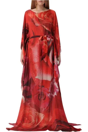 Roberto Cavalli Kjole, Dame, Rød, S, Rød Rose Print Silke Kaftan Kjole