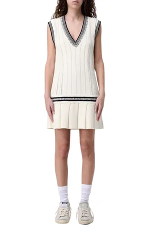 Golden Goose Kjole, Dame, Hvid, S, Bomuld, Hvid Strik Mini Kjole med Plisseret Nederdel