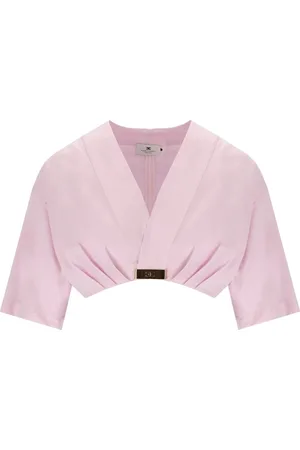 Elisabetta Franchi Bluser & Skjorter, Dame, Lyserød, XS, Bomuld, Rosa V-Neck Cropped Top med Plissering