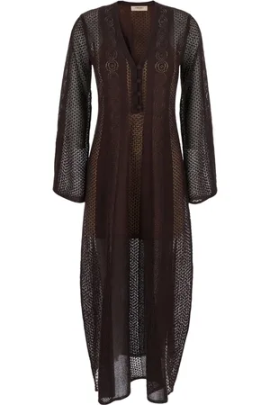 Twin-Set Kjole, Dame, Brun, XS, Uld, Brun V-Neck Strikket Kjole med Broderi