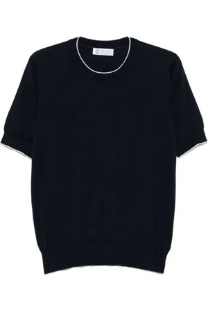 Brunello Cucinelli Strik, Herre, Blå, 2XL, Bomuld, Marineblå Kontrast Trim T-shirt