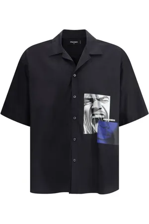 Dsquared2 Skjorte, Herre, Sort, S, Bomuld, Monogram Print Cuban Collar Skjorte