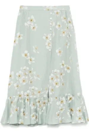 VALENTINO Nederdel, Dame, Grøn, XS, Satin, Blomstret Frontslids Midi Nederdel
