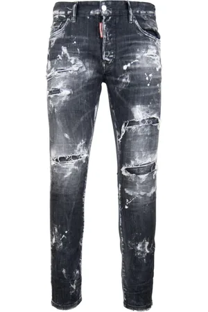 Dsquared2 Jeans, Herre, Grå, M, Læder, Mænds Knaphul Jeans med Læder Patch
